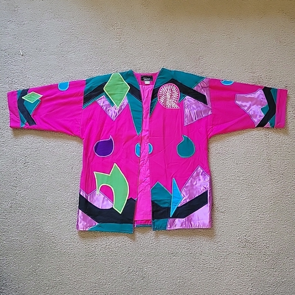 Vintage 80s Tipicano Pink Jacket w Sequins Free Eclectic Geometric Patterns ATW